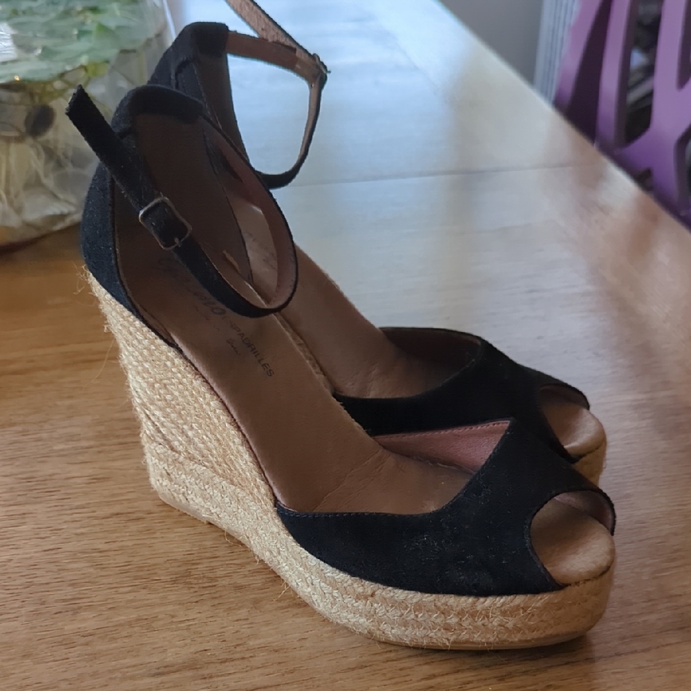 Gently Worn Black and Tan Espadrille Wedges with Ankle Straps